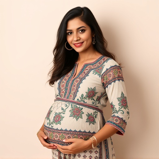 Expecting east Indian woman wearing a maternity shirt