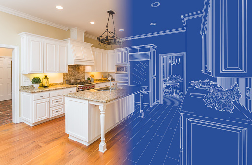 Kitchen Blueprint Drawing Gradating Into Finished Build.