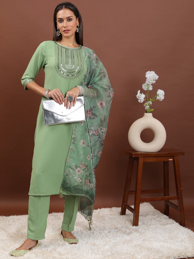 Ketch Women Green Kurta With Trousers & Dupatta