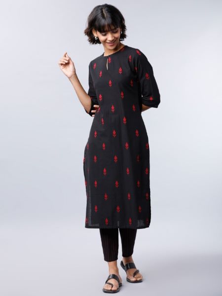 Vishudh Women Black & Red Ethnic Motifs Printed Straight Kurta with Trouser