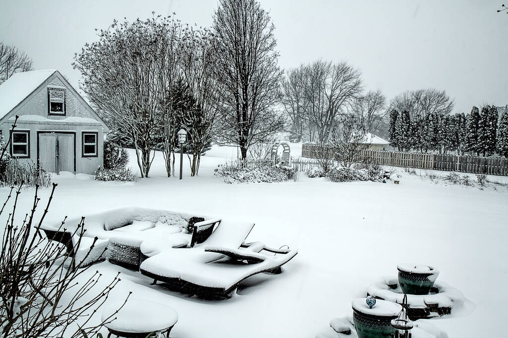 Backyard view from home on a cold winter snowy day