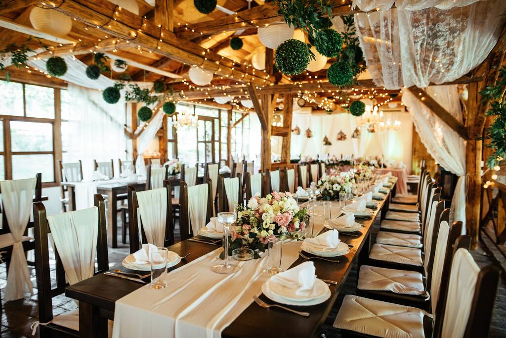 Rustic decorated indoors wedding venue