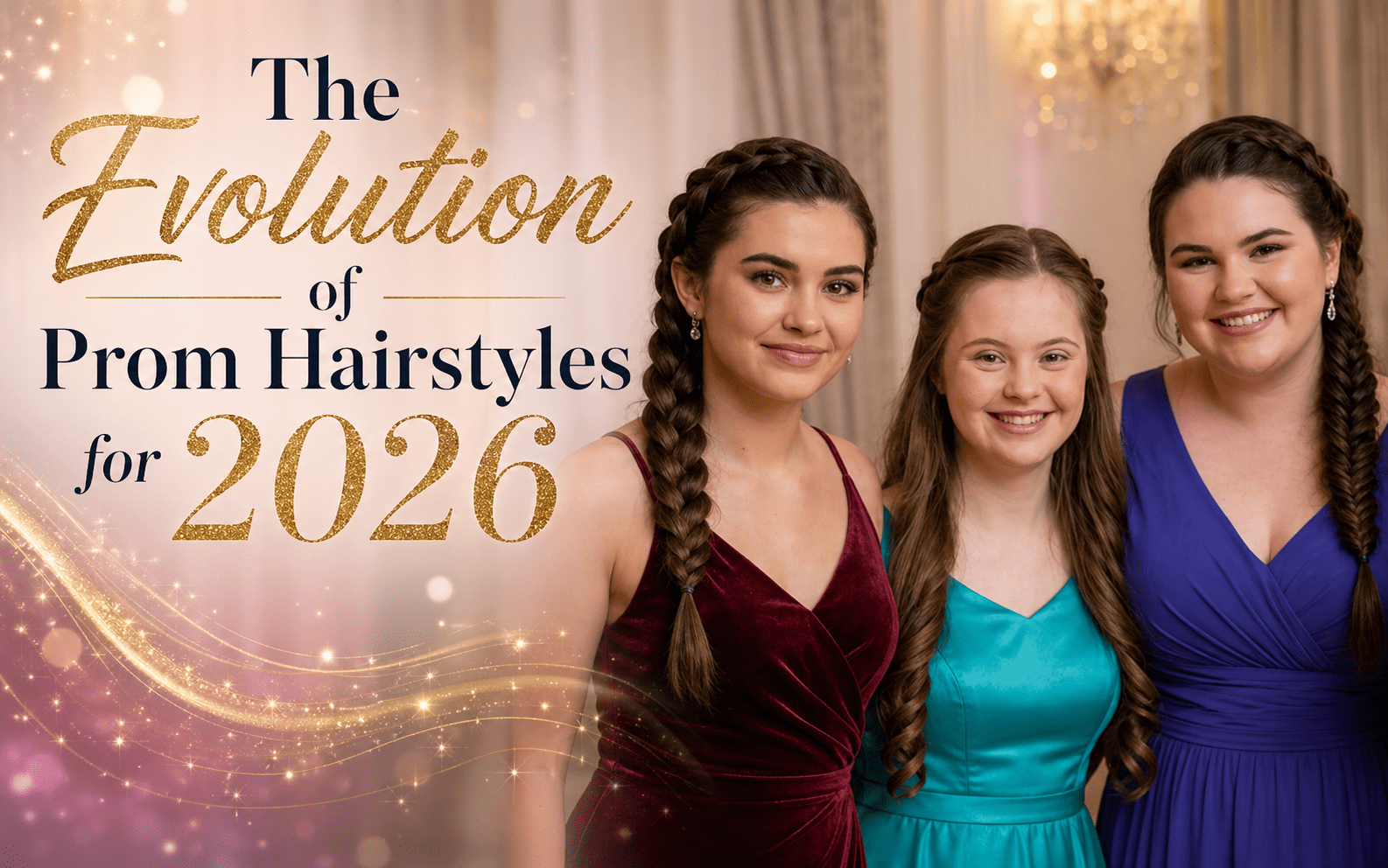 Three young women in formal prom dresses pose together indoors, each wearing elegant braided hairstyles, showcasing modern prom hair trends.