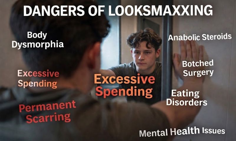 Looksmaxxing Dangers Infographic: A visual summary featuring a bruised young man surrounded by labels like body dysmorphia, steroid abuse, excessive fillers, and permanent scarring.