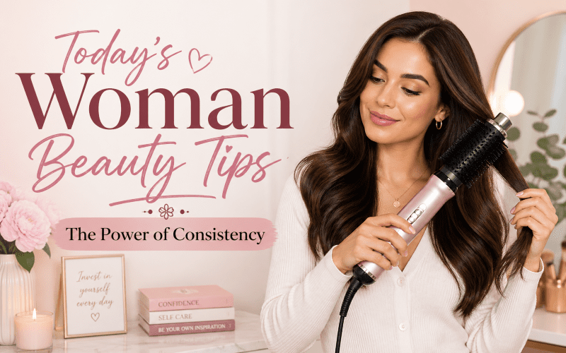 Woman using a hair air styler while styling her long hair, with text “Today's Woman Beauty Tips – The Power of Consistency” on a soft, feminine background