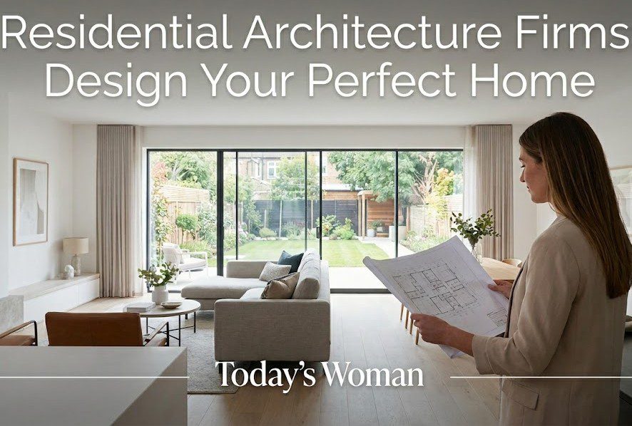 The top of the image features the headline "Residential Architecture Firms: Design Your Perfect Home" in a clean, white sans-serif font. On the mid-left side, the branding "Today's Woman" is displayed in a sophisticated white serif typeface, shifted upward from the bottom to create a balanced, professional composition.