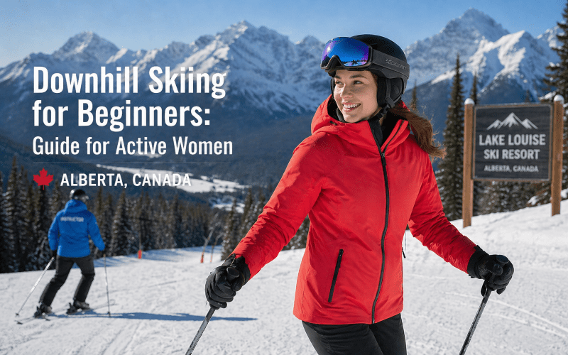 Downhill Skiing for Beginners – woman learning to ski in red jacket at Alberta Canada mountain resort