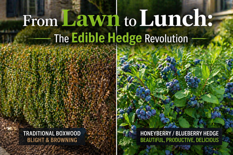 Edible Shrubs comparison showing blighted boxwood hedge beside healthy honeyberry and blueberry hedge with visible fruit in garden setting