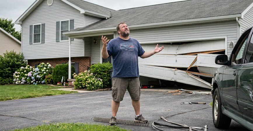 Household Interruptions A frustrated plus-size man standing in a driveway with his hands raised in exasperation toward a broken, collapsing white garage door on a suburban house.