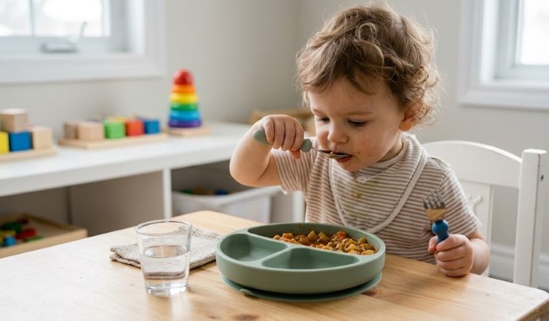 Toddler using Montessori-style short-handled utensils and silicone plate at a child-sized table.