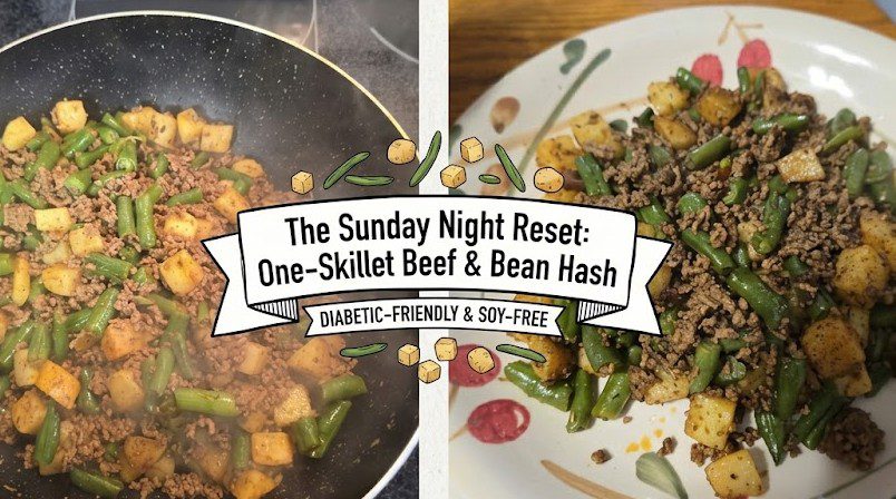 A split-screen blog header showing ground beef, green beans, and potatoes cooking in a black skillet on the left, and the finished meal served on a floral plate on the right.