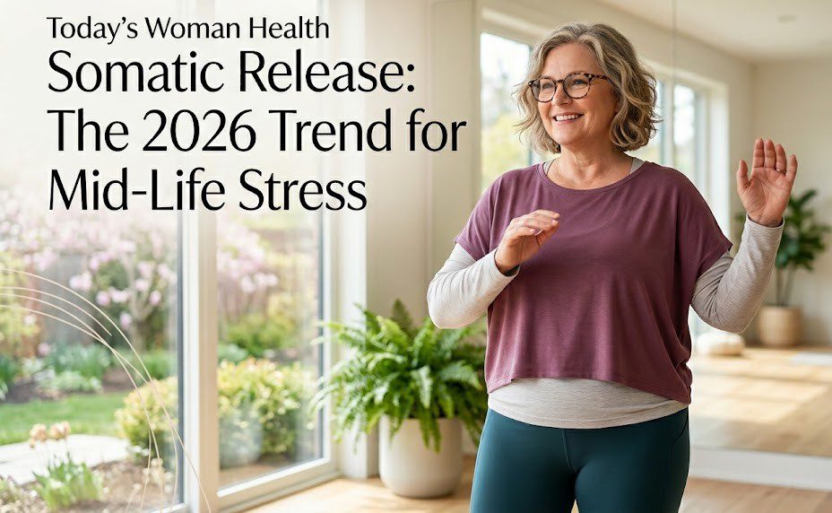 A smiling woman in her 50s with glasses practicing gentle somatic movement in a bright home studio, featuring the text "Today's Woman Health: Somatic Release."
