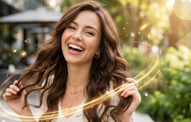 A happy woman with long, wavy brunette hair laughing and holding hair extensions that blend seamlessly with her natural style, featuring golden light effects and a soft outdoor background.