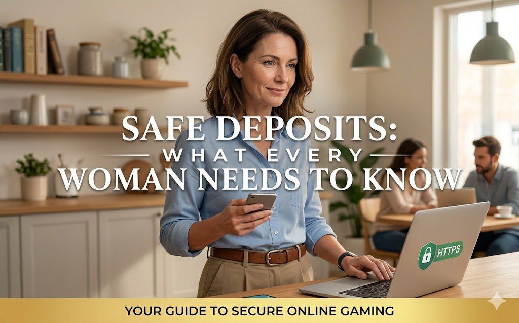 professional woman checking her phone and laptop for secure online deposits in a home office setting with the text Safe Deposits: What Every Woman Needs to Know.