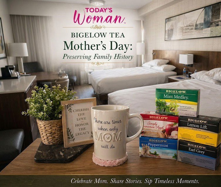 A cozy hotel room setting featuring Bigelow Tea boxes, a Mother's Day mug, and a framed quote titled "Preserving Family History" for Today's Woman.