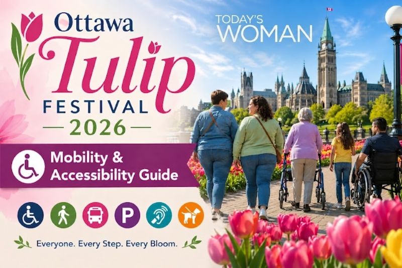 Inclusive scene at Ottawa Tulip Festival 2026 showing plus-size women, a senior with a walker, a girl, and a man in a wheelchair among blooming tulips near Parliament buildings