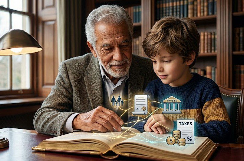A senior man in a tweed jacket and his young grandson sit together in a classic library, looking at a large book with glowing digital icons representing family trusts, tax planning, and financial legacy.