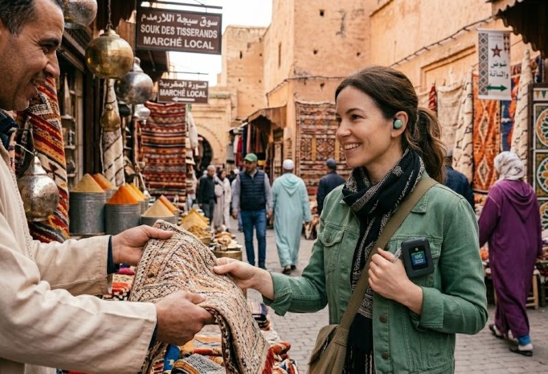 A digital nomad using Google Pixel Buds Pro 2 and a Netgear Nighthawk M7 Pro hotspot translates Arabic and French in a Marrakech souk, showcasing Connected Freedom.