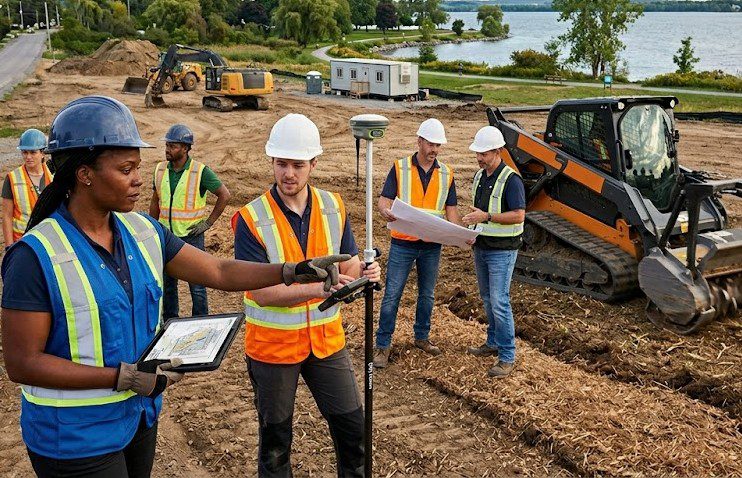 A female property developer in a blue safety vest and hard hat reviewing digital plans on a tablet while standing on an active construction site with a forestry mulcher and male crew members.