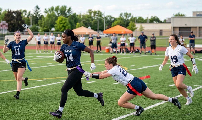 female flag football player in a blue jersey sprinting with the ball while a defender in a white jersey dives to pull her flag on a green turf field.