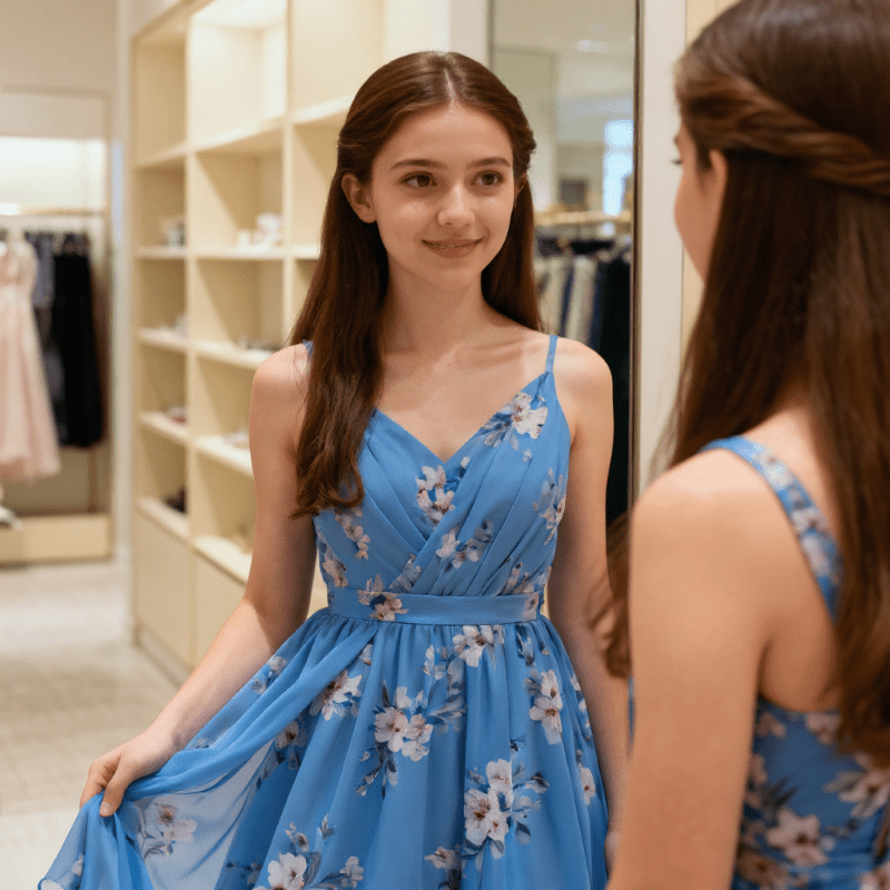 Teen girl in blue floral graduation dresses smiling at mirror in boutique