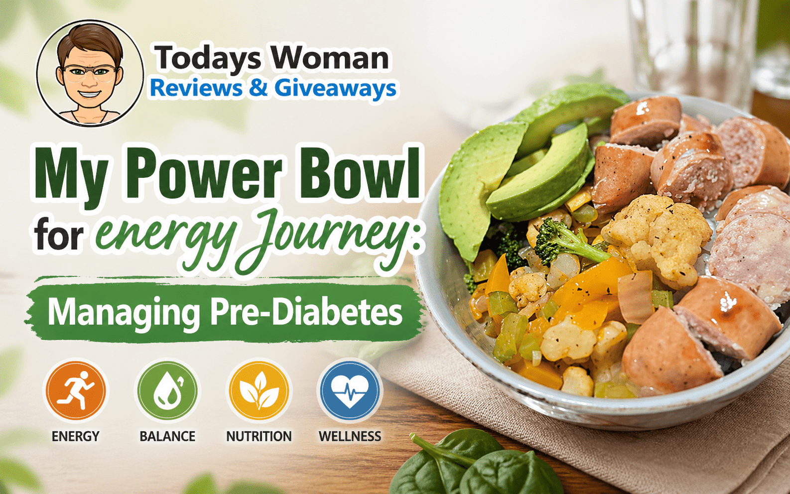 A white ceramic bowl filled with sliced roasted sausages, fresh avocado slices, and a medley of roasted vegetables including broccoli, cauliflower, and yellow peppers.