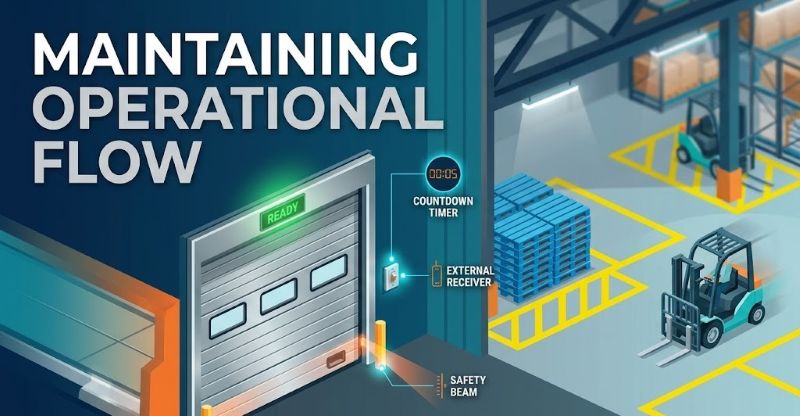 A technical diagram of a busy industrial facility showing an automated garage door with labeled safety components like photo-eyes and countdown timers, illustrating consistent operational flow.