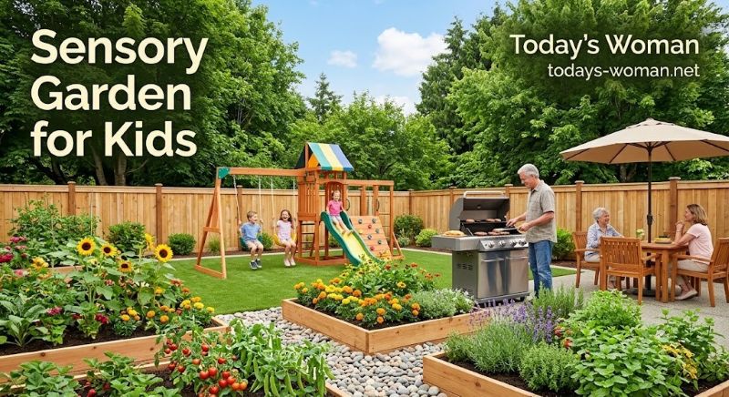A vibrant, multi-generational backyard featuring a sensory garden for kids. Children play on a central artificial turf lawn near a large wooden playset with a slide. Raised garden beds filled with edible plants and colorful flowers surround the turf. On a side patio, a grandfather is barbecuing, while other family members relax at a patio table and chair set. The Today’s Woman logo is in the top right.