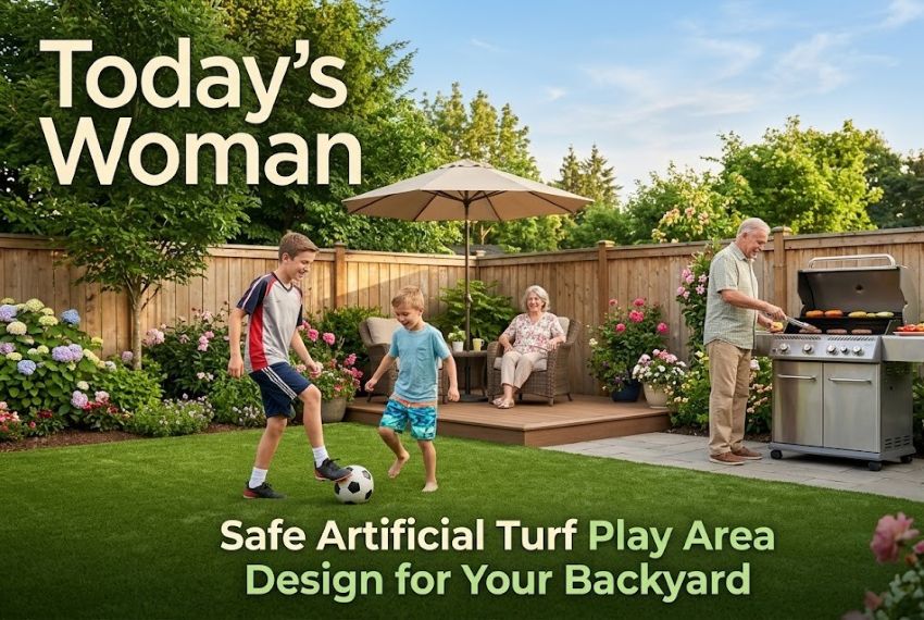 A happy family enjoying a safe backyard artificial turf play area. Two young boys play soccer and hopscotch on the lush synthetic grass while a grandmother watches from a patio deck and a grandfather barbecues nearby.