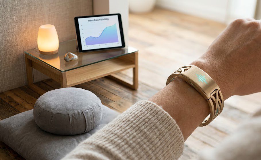 A cinematic, close-up photograph of a modern woman's wrist wearing an integrated brushed gold wearable device with a glowing sensor, against a soft-focus background of a light-filled meditation space and a tablet displaying personalized HRV wellness data.