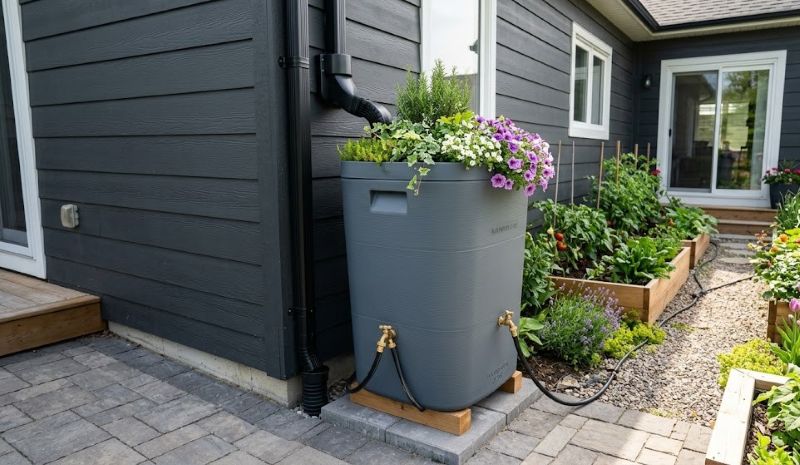 Rain barrel installation focus A modern slate-grey rain barrel installed flush against a house with a living lid planter.