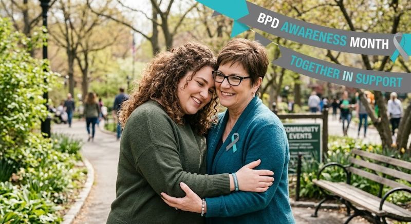 A supportive moment between a plus-size mother with a brown pixie cut and glasses, and her plus-size daughter with curly brown hair, representing BPD Awareness Month.