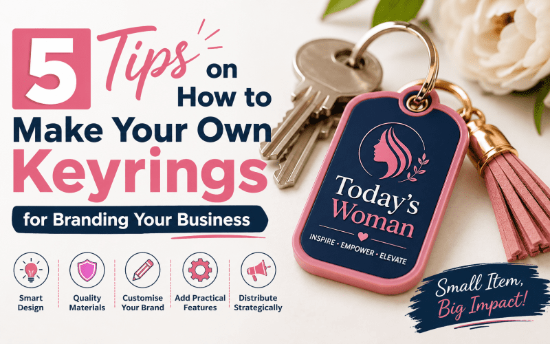 Pink and navy Today’s Woman branded keyring beside house keys promoting custom business keyrings and branding ideas for small businesses.