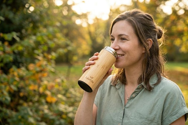 A candid, sunlit photo of a woman with her hair in a bun smiling and drinking from a bamboo travel tumbler with a steel rim and the Leaflife logo, while standing outdoors in an autumnal park.