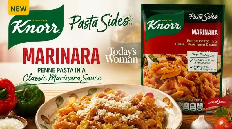 A professional culinary flat-lay featuring a bowl of Marinara penne pasta topped with white cheese, next to a package of Knorr Pasta Sides and fresh ingredients like red peppers and garlic, with "Today's Woman" text overlay.