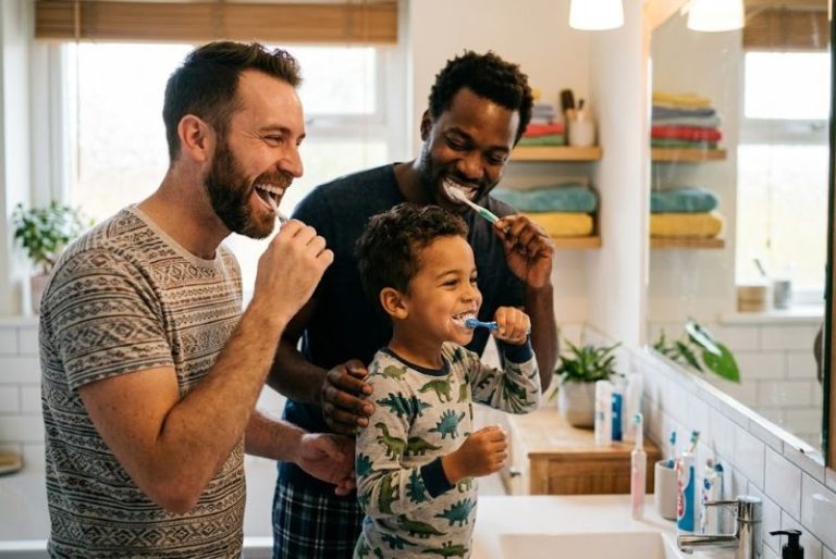 Two fathers and their young son brushing their teeth together in a bathroom mirror to encourage healthy dental habits.