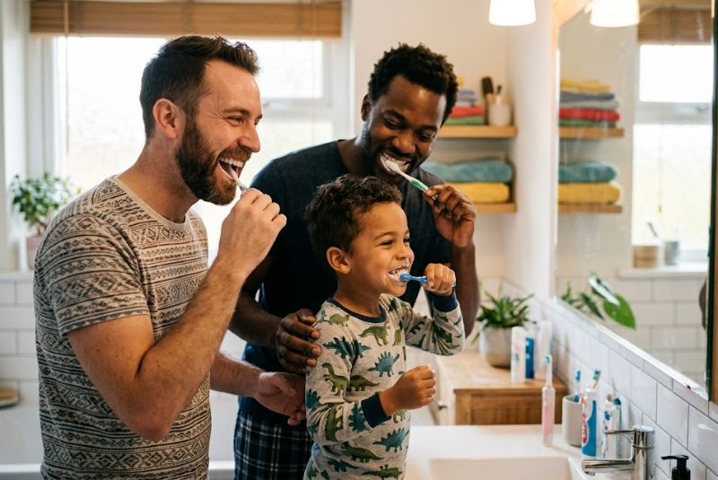 Two fathers and their young son brushing their teeth together in a bathroom mirror to encourage healthy dental habits.