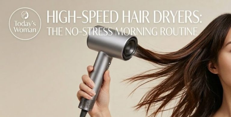 A close up photo of a woman holding a grey Dyson Supersonic hair dryer while styling her flowing dark brown hair. The image includes text that reads "HIGH-SPEED HAIR DRYERS: THE NO-STRESS MORNING ROUTINE" and features a "Today's Woman" logo.