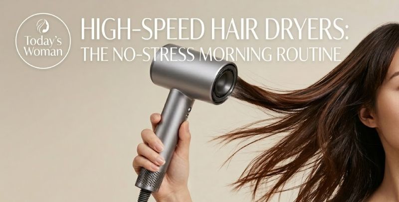 A close up photo of a woman holding a grey Dyson Supersonic hair dryer while styling her flowing dark brown hair. The image includes text that reads "HIGH-SPEED HAIR DRYERS: THE NO-STRESS MORNING ROUTINE" and features a "Today's Woman" logo.