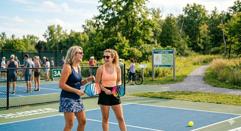 A woman in her 50s and a young woman laughing on a blue pickleball court