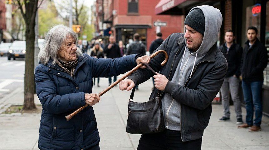 Situational Awareness for Seniors shows an old woman fighting off her mugger with her cane
