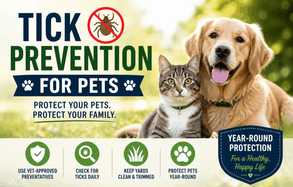 Tick prevention for pets banner showing a dog and cat outdoors with year-round protection tips and tick safety icons for 2026