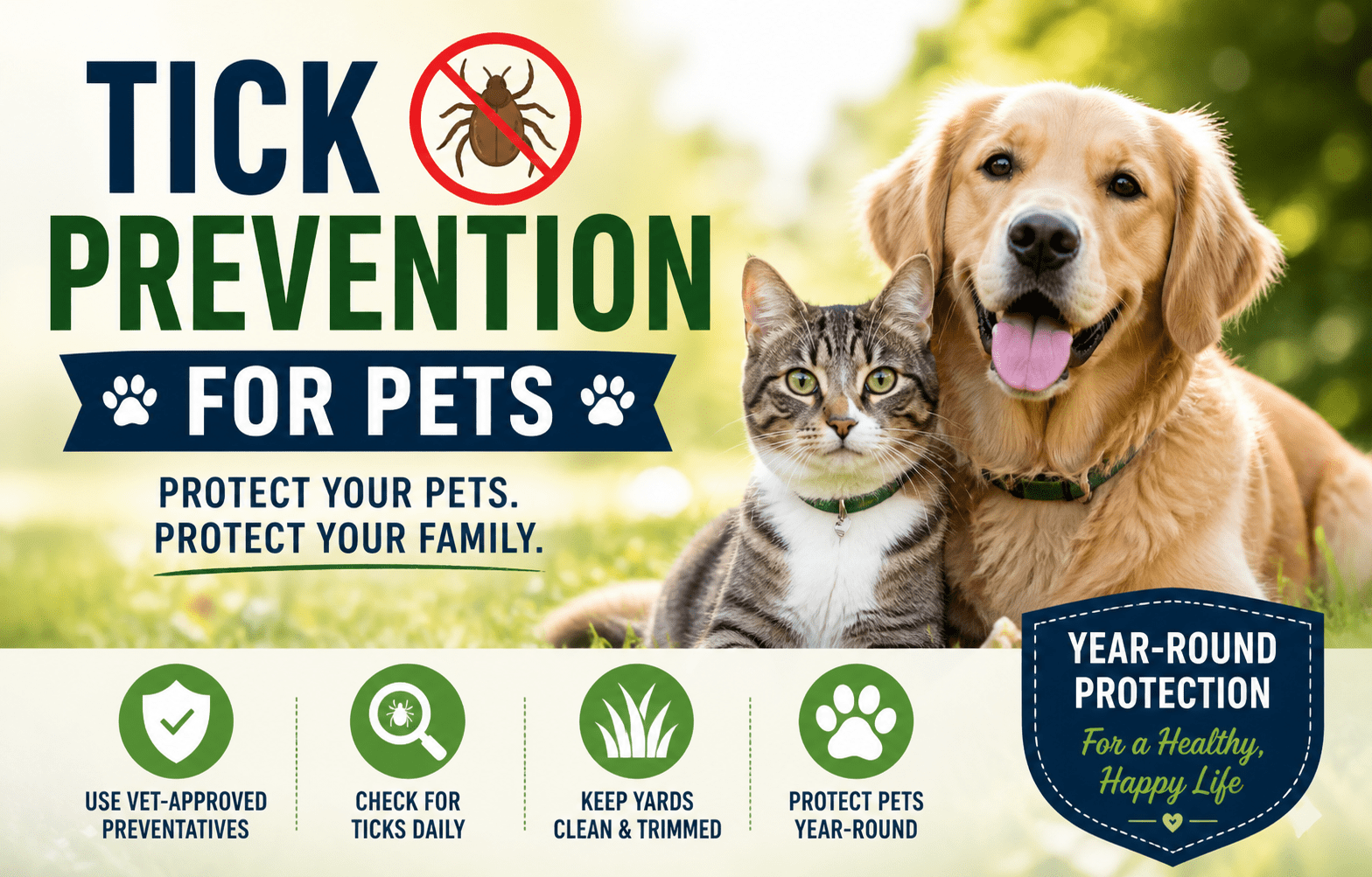 Tick Prevention for Pets 2026 Guide Banner Tick prevention for pets banner showing a dog and cat outdoors with year-round protection tips and tick safety icons for 2026