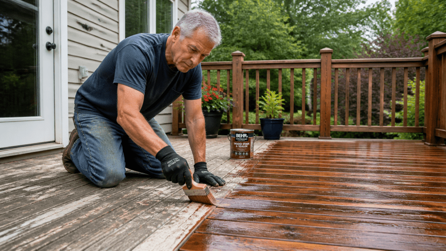 A man about 60 with grey hair restoring a wood deck at his house