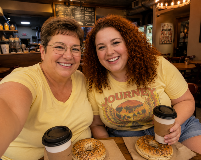 Café selfie with bagels and coffee