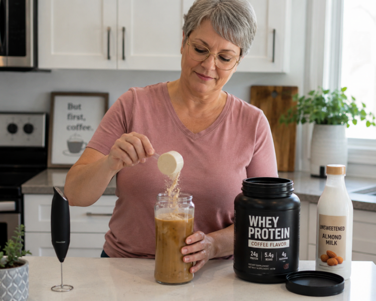 Making protein coffee in a bright kitchen Making protein coffee in a bright kitchen