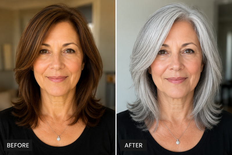 Grey hair transition before and after Grey hair transition before and after