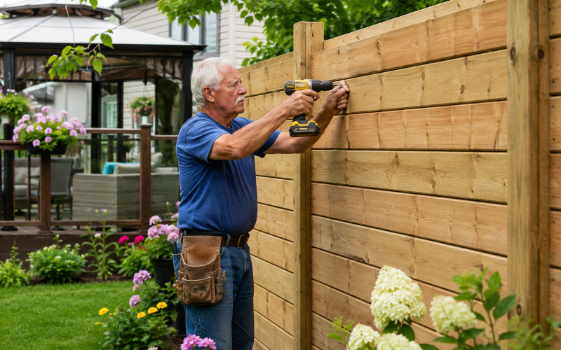 man building privacy wall