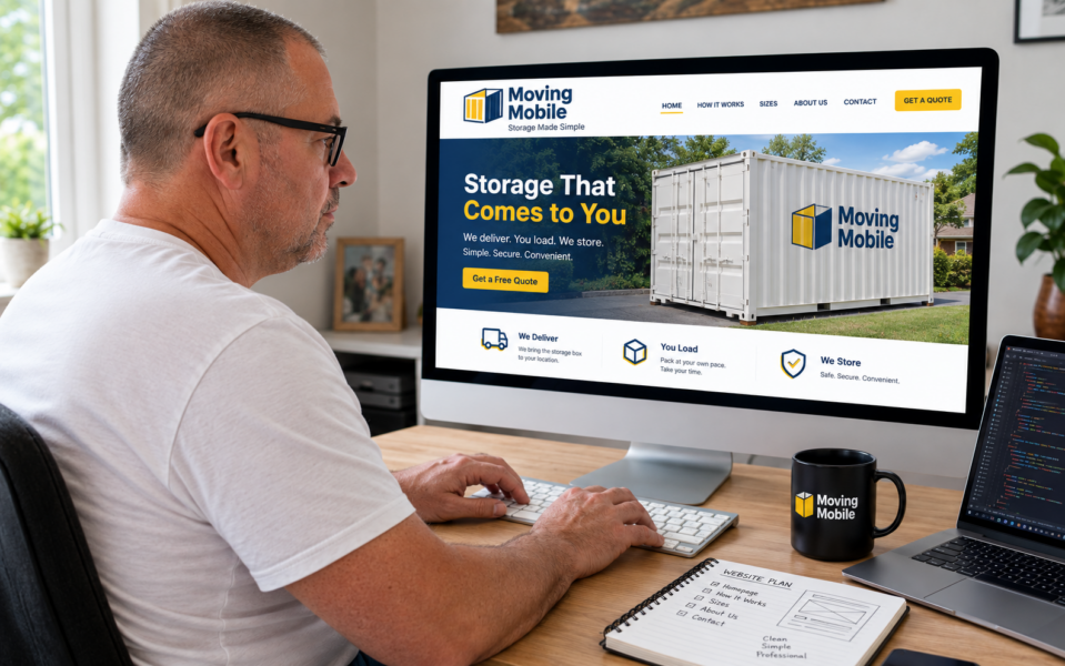 Create image of a man in a white t shirt buzz cut hair glasses, go tee a bit chunky building a website for a storage box mobile company. Man is in his 50s