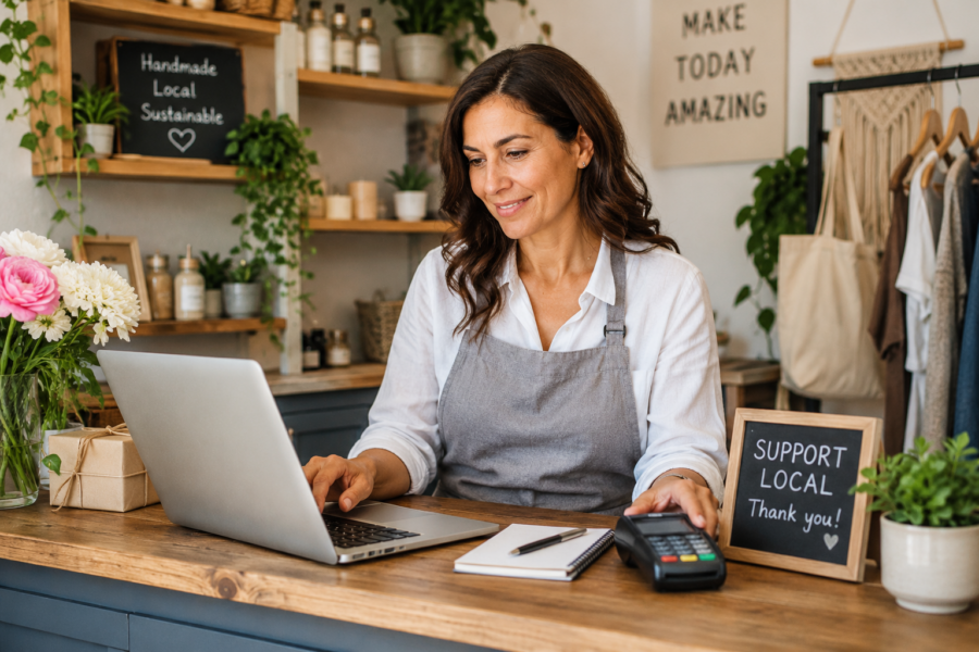 Woman small business owner using a laptop and payment terminal while managing her local business Empowered Entrepreneurship: Tools for Local Businesses